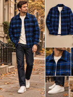 Selected Homme Plaid Jacket Shirt Hybrid in Blue & Black Size Large Like New